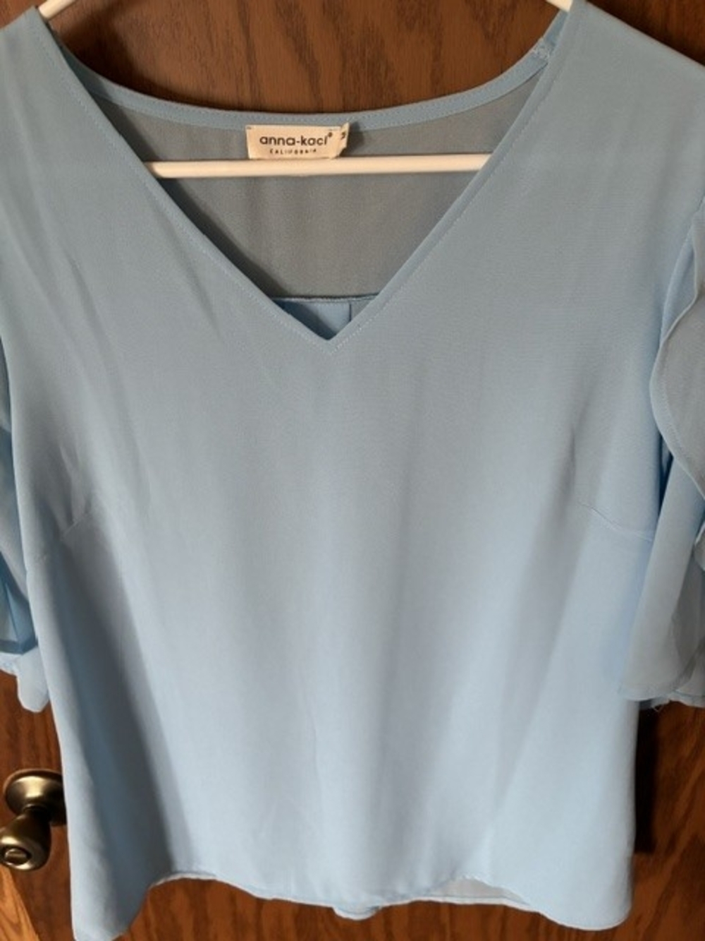 Light Blue Flutter Sleeve V-Neck Blouse - Picture 6 of 8